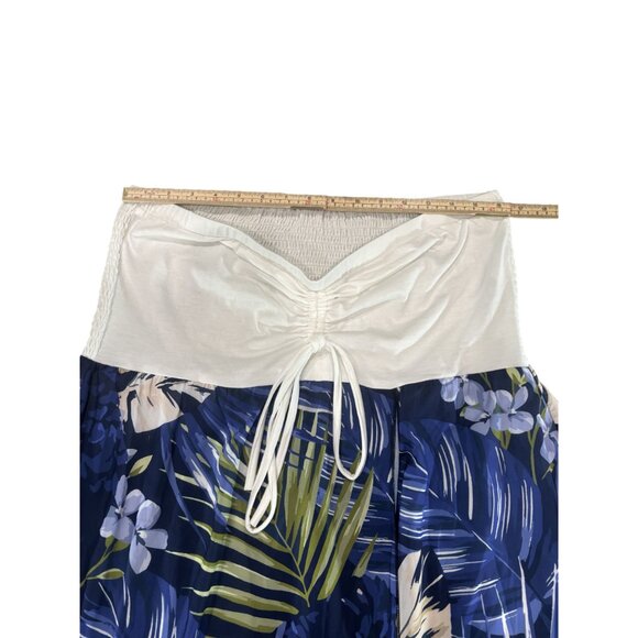 Tropical Floral Maxi Skirt With Ruched Waistband & Drawstring 2XL  Blue & White - Picture 5 of 6